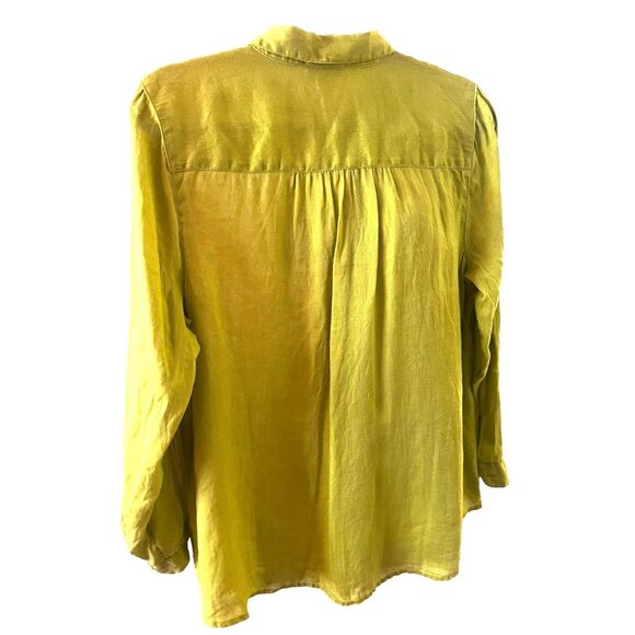 J Jill Love Linen Lime Green Button Up Tunic Blouse Lagenlook Roll Tab Sleeves - Picture 3 of 11